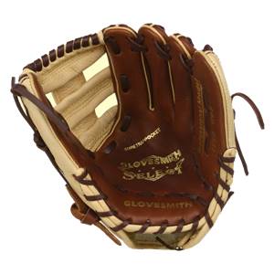 Top-down view of a brown baseball glove with tan lining, GLOVESMITH SELECT branding, and SURE TRAP POCKET text.