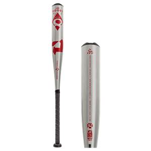 Side view of a silver baseball bat with red The Goods branding and a black grip.