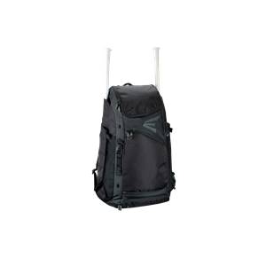 Front view of a black Easton E610 Catchers Backpack with two white bats inserted into side pockets.
