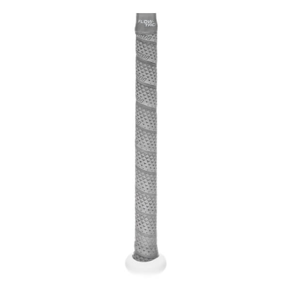 Close-up of a grey bat grip with a diamond texture, FLOW-TAC and EASTON branding, and a white knob.