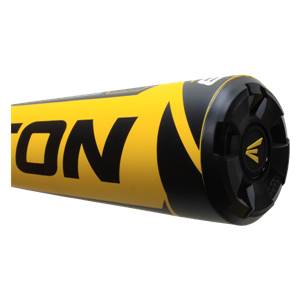 Side view of a yellow baseball bat with black lettering and a black end cap with a yellow logo.