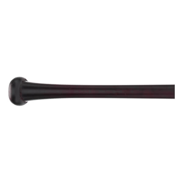 Side view of a dark brown baseball bat with a rounded knob and a smooth, tapering handle.