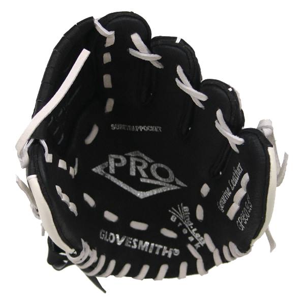 Top-down view of a black baseball glove with white stitching, PRO logo, and GLOVESMITH text.