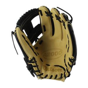Top-down view of a tan baseball glove with black lacing and Wilson A2000 branding.