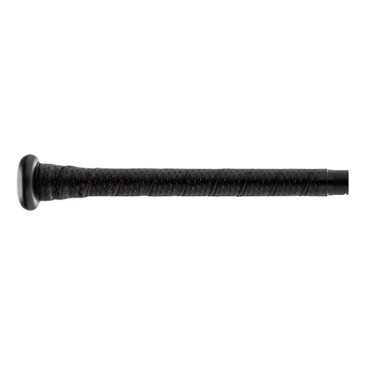 Side view of a black baseball bat with a textured grip and a rounded end cap.