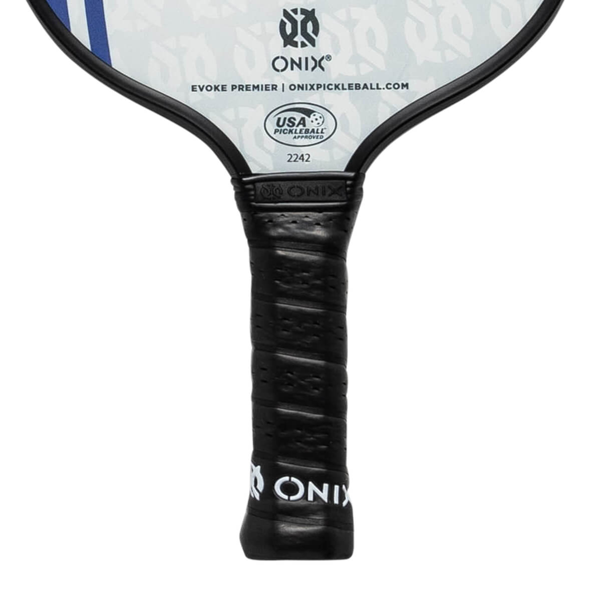 Close-up of a black pickleball paddle grip with perforated texture and ONIX branding.