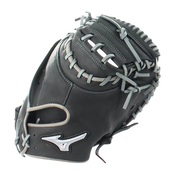Front view of a black catchers mitt with grey lacing and a silver Mizuno logo.