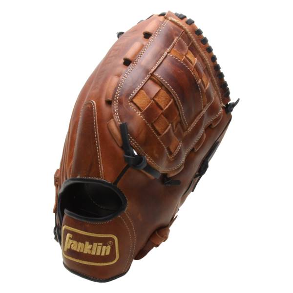Side view of a brown Franklin baseball glove with a woven palm and stitched details.