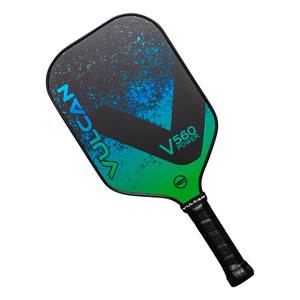 Top-down view of a black pickleball paddle with green and blue splatter, V560 POWER logo, and Vulcan branding.
