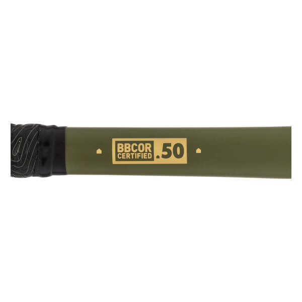 Side view of a green baseball bat with a black grip and gold BBCOR CERTIFIED .50 text.
