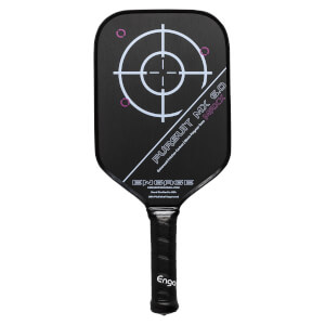 Front view of a black pickleball paddle with a target design, PURSUIT MX 6.0 MAXX text, and Engage branding.