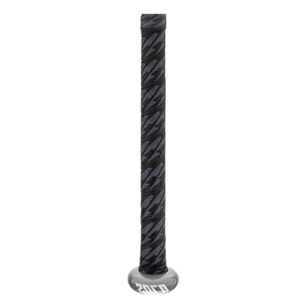 Close-up of a black baseball bat grip with a lightning bolt pattern and silver end cap with 2020 text.