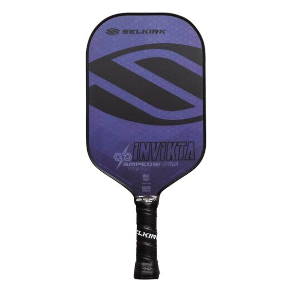 Front view of a purple and black pickleball paddle with Selkirk branding and INV IKTA text.