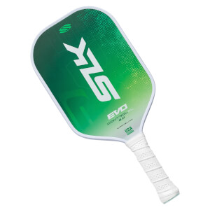 Top-down view of a green pickleball paddle with white SLK logo and perforated white grip.