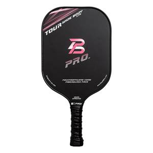 Front view of a black pickleball paddle with pink TOUR WIDE BODY LITE text and a B PRO. logo.
