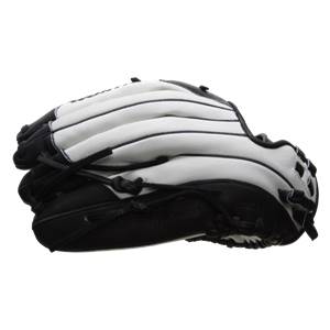 Side view of a black and white softball glove with white finger stalls and black lacing.