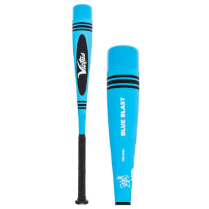 Front view of a blue baseball bat with a black oval logo and black grip.
