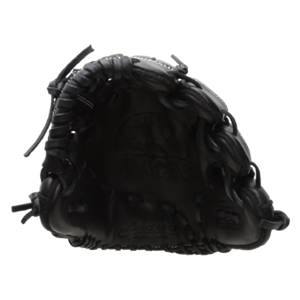 Top-down view of a black baseball glove with white stitching and a textured palm.