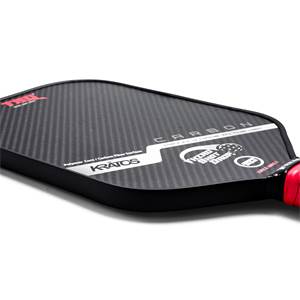 Side view of a black carbon fiber pickleball paddle with KRATOS and THIRD SHOT DROP logos.
