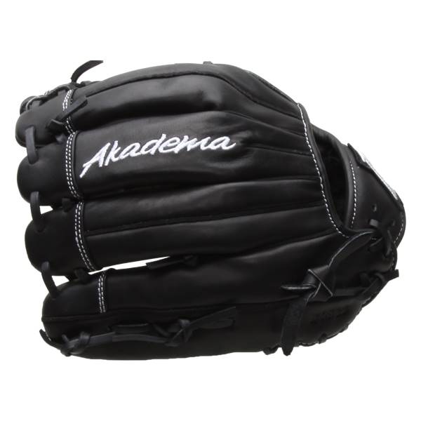 Side view of a black baseball glove with white stitching and Akadema logo.