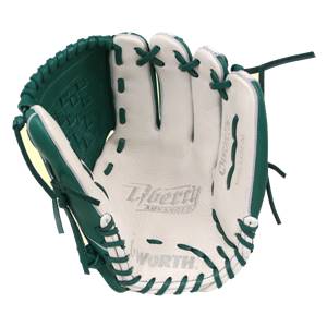 Interior view of a green and white baseball glove with Liberty Advanced and Worth branding.