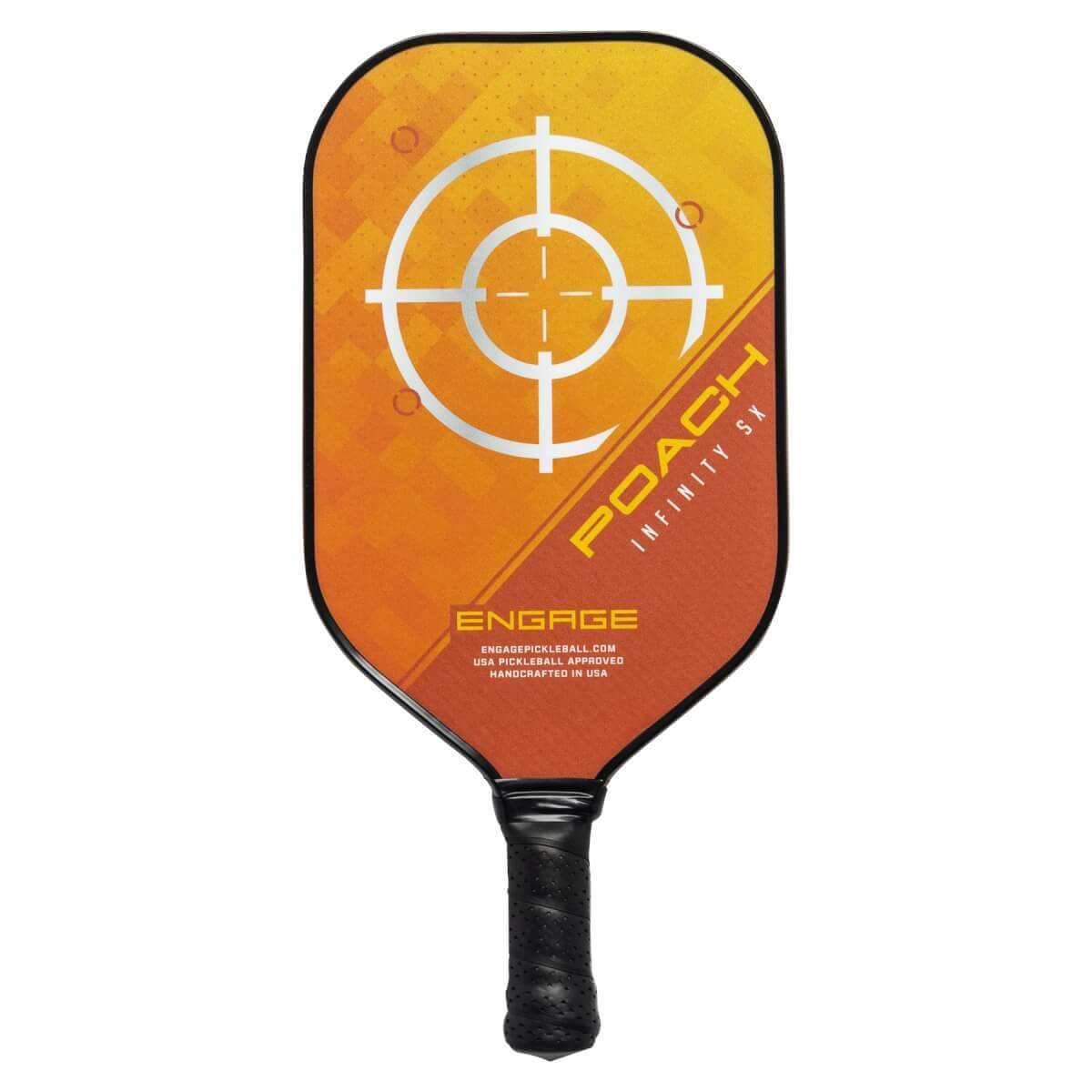Front view of an orange pickleball paddle with a target design, POACH INFINITY SX text, and ENGAGE logo.