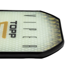Corner view of a light green pickleball paddle with TOPP and VIPER text and a fish scale pattern.