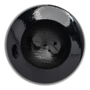 Top-down close-up of a black baseball bat with a glossy knob and a concave end showing wood grain.