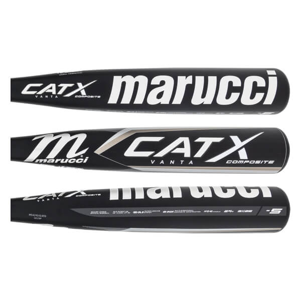 Bottom view of a black Marucci CATX Vanta Composite baseball bat with white lettering and USSSA designation.