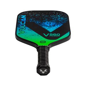 Top-down view of a black pickleball paddle with green and blue splatter design, V560 Power logo, and Vulcan branding.