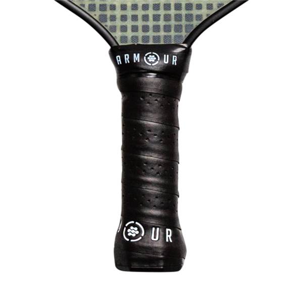 Close-up of a black pickleball paddle grip with Armour branding and a textured surface.