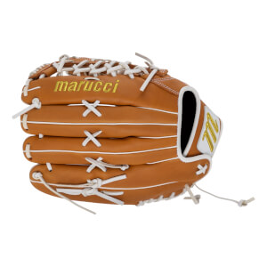 Back view of a tan baseball glove with white laces, featuring a gold “marucci” logo on the finger and a white “M” patch on the wrist strap.