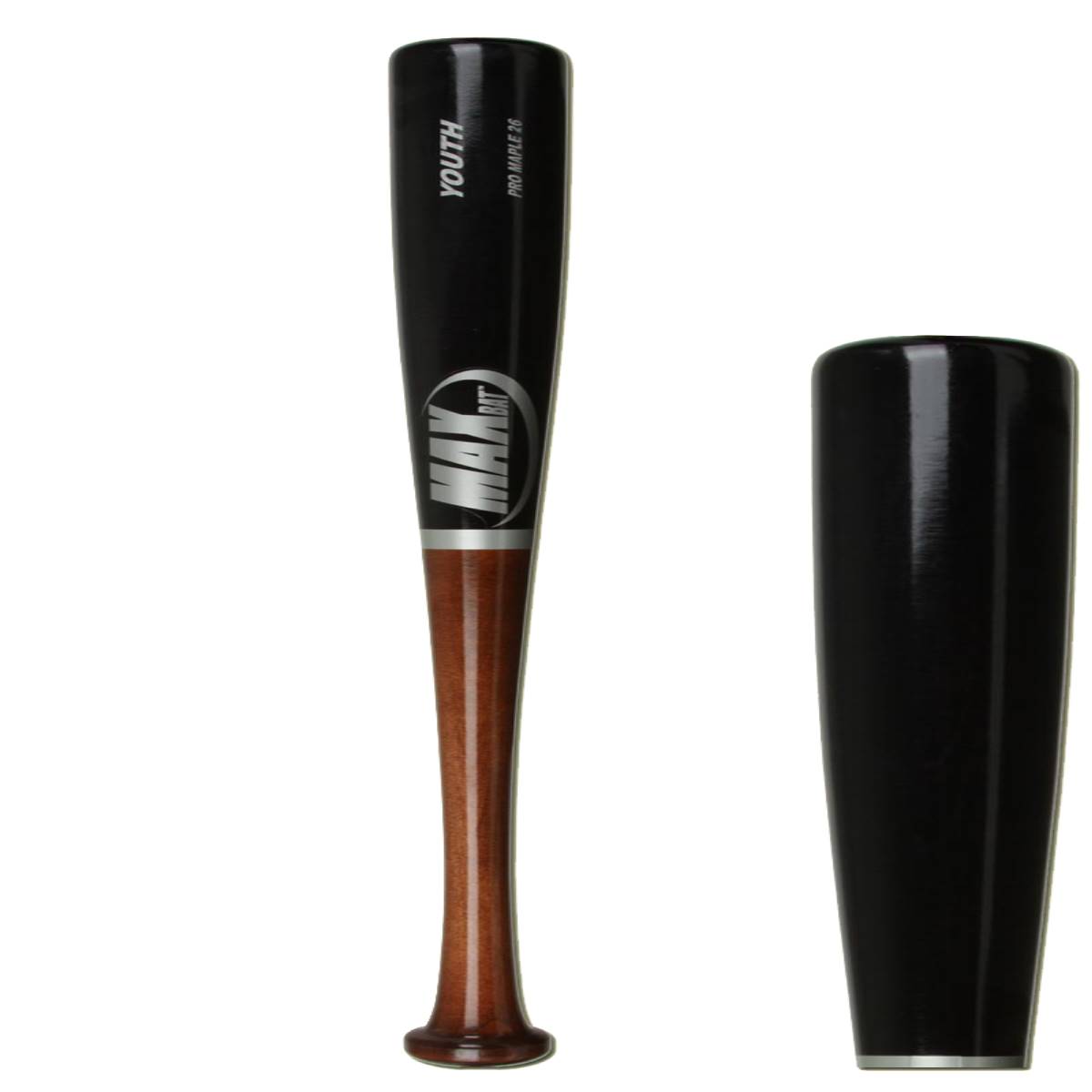 Front view of a black and wood youth baseball bat with YOUTH, PRO MAPLE 26, and MAX BAT text.
