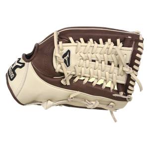 Side view of a brown and cream baseball glove with white lacing and a Mizuno logo.