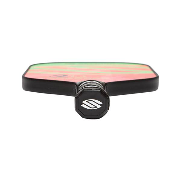 Back view of a pink and green pickleball paddle with a black grip and white S logo.