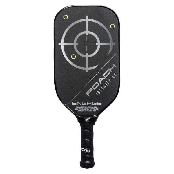 Front view of a black pickleball paddle with a target design, POACH INFINITY LX text, and ENGAGE logo.