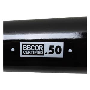 Close-up of a black baseball bat with a white label reading BBCOR CERTIFIED .50.