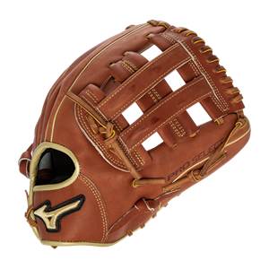 Side view of a brown baseball glove with a webbed pocket and PRO SELECT text.