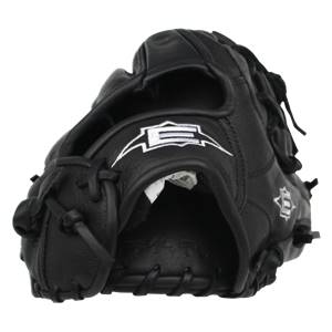 Top-down view of a black baseball glove with white E logo and stitched palm.