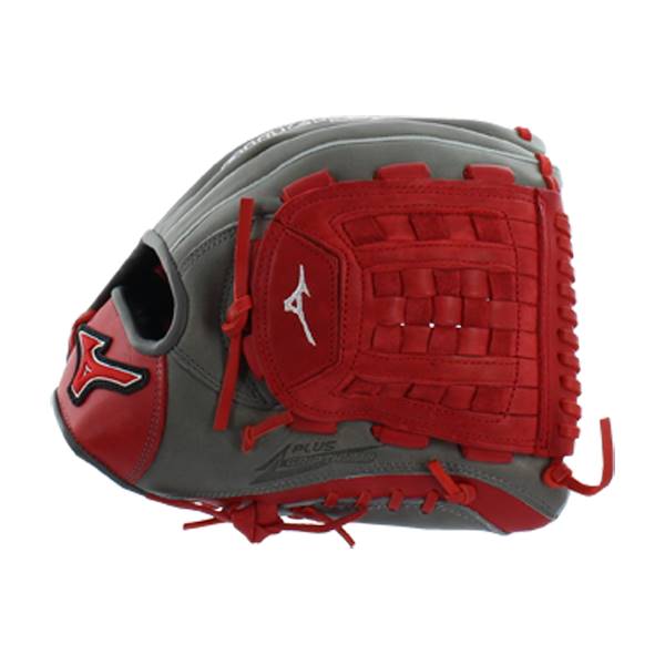 Side view of a smoke and red baseball glove with a white Mizuno logo and red lacing.