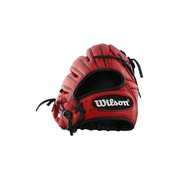 Side view of a red baseball glove with black lacing and a white Wilson logo.