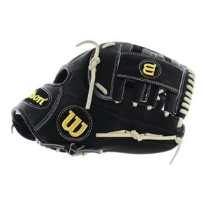 Side view of a black baseball glove with yellow Wilson branding and white stitching.