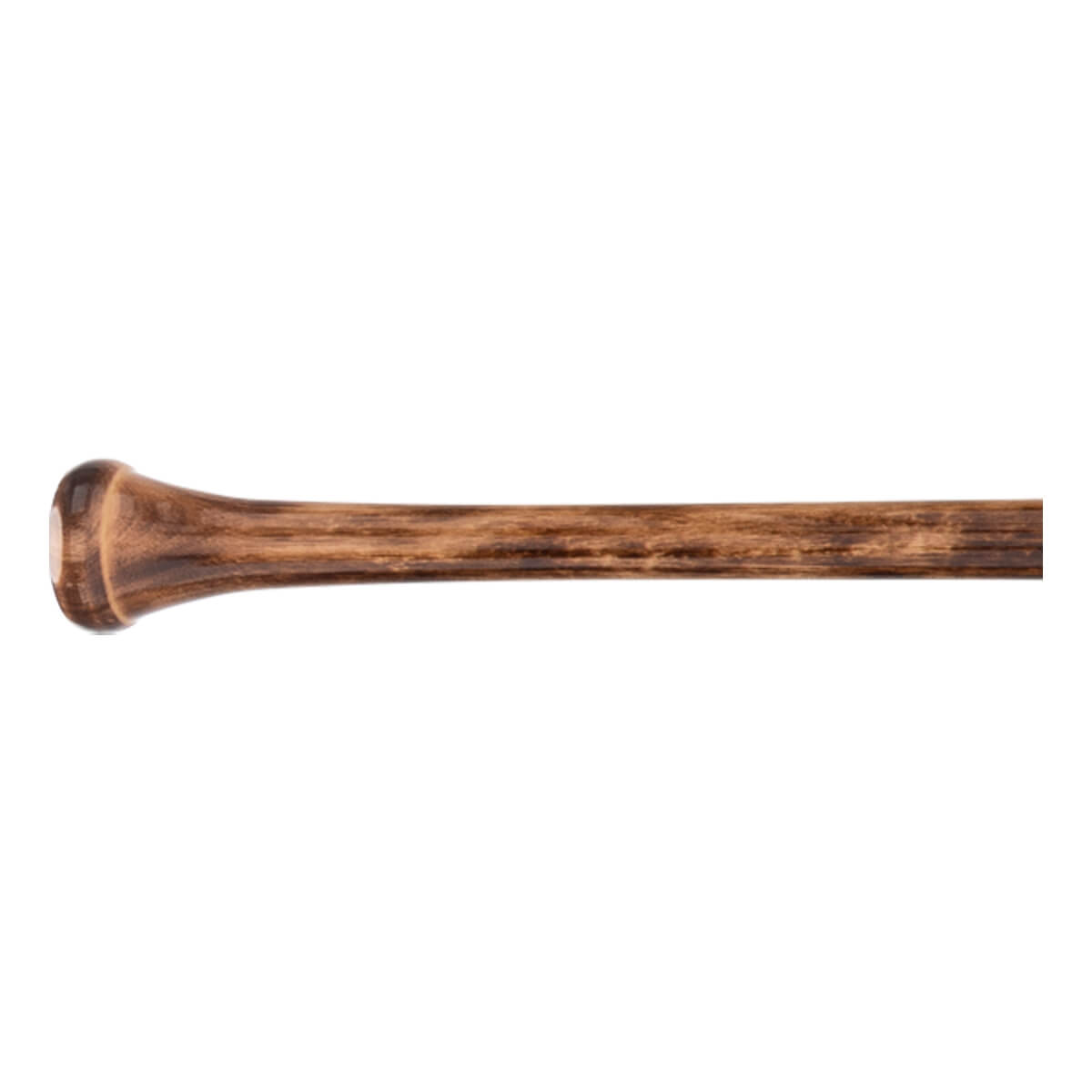 Side view of brown wooden baseball bat handle with a rounded knob and dark, natural wood grain.
