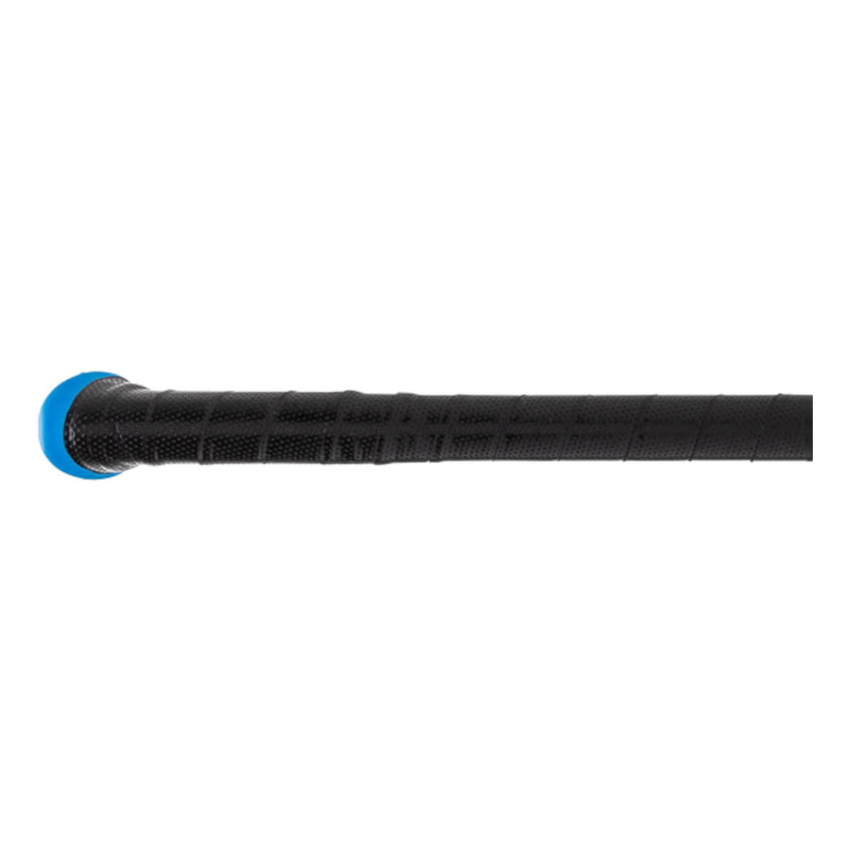 Close-up of black bat handle with square-patterned grip and a bright blue knob.