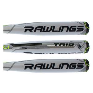 Side view of a white and black Rawlings TRIO BBCOR baseball bat with yellow accents.