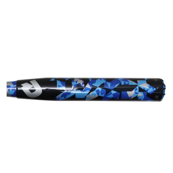 Side view of a black baseball bat with blue and silver geometric pattern and a white R logo.