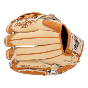 Front view of a tan baseball glove with tan lacing and Rawlings and THE GOLD GLOVE CO. text.