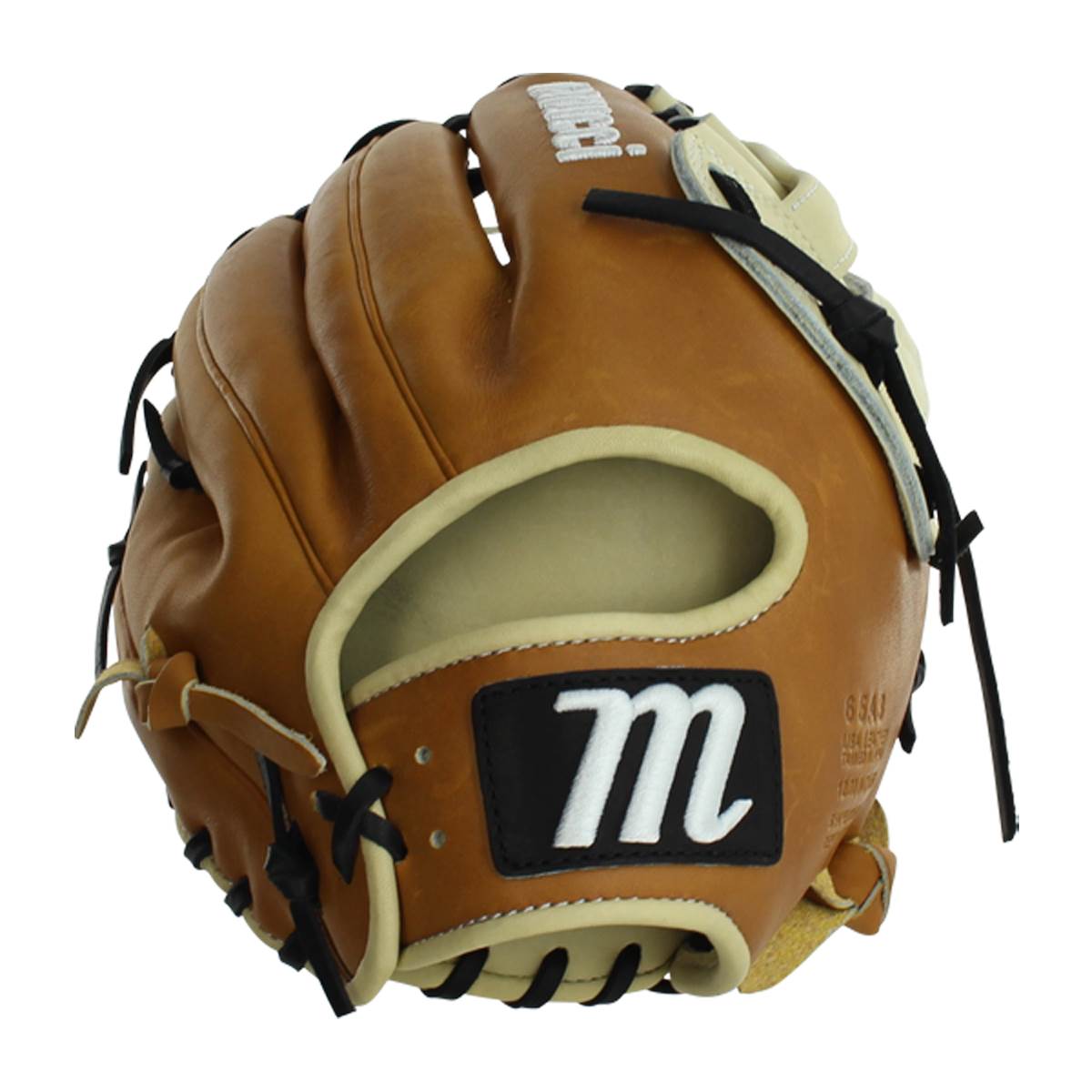 Front view of a tan baseball glove with a black m logo and tan lacing.