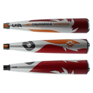 Side view of a silver and red baseball bat with orange accents and USA BASEBALL text.