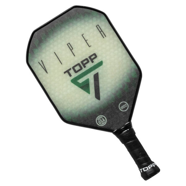 Top-down view of a black and green pickleball paddle with VIPER and TOPP text, and USA Pickleball logos.